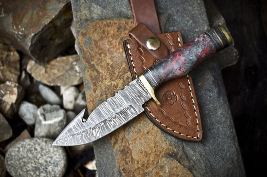 Custom Handmade Damascus Skinner Knife with Gut Hook Twist Blade and Corian Handle