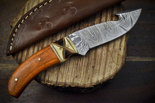Custom Handmade Damascus Skinner Knife with Gut Hook Twist Blade and Hardwood Handle