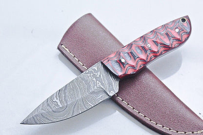  Custom Handmade Damascus Skinner Knife with Paka Wood Handle and Leather Sheath