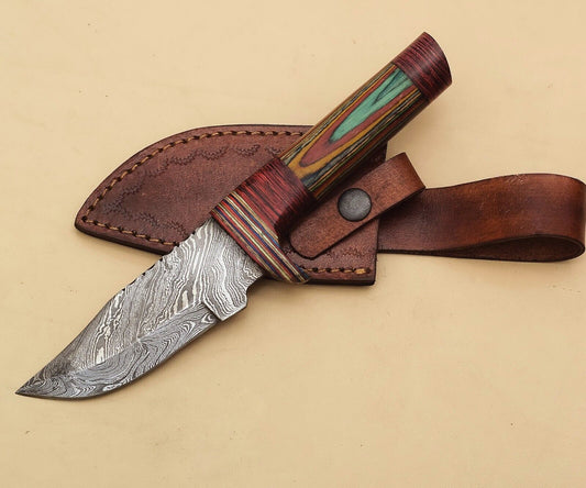 Custom Handmade Damascus Skinner Knife with Pakka Wood Handle – 8 Inch Hunting and Camping Knife