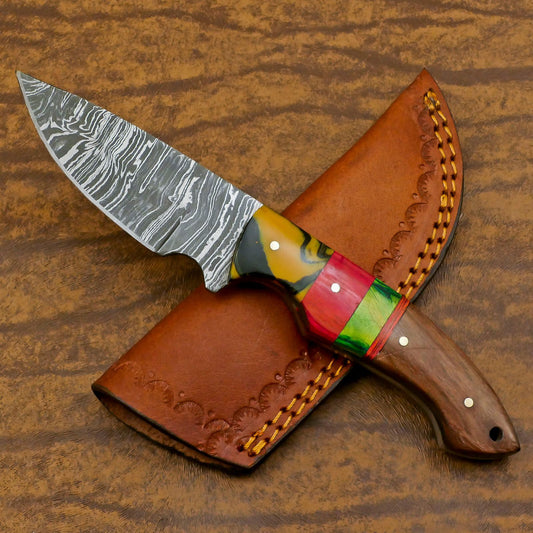 Custom Handmade Damascus Skinner Knife with Resin Wood Handle – EDC Hunting Blade