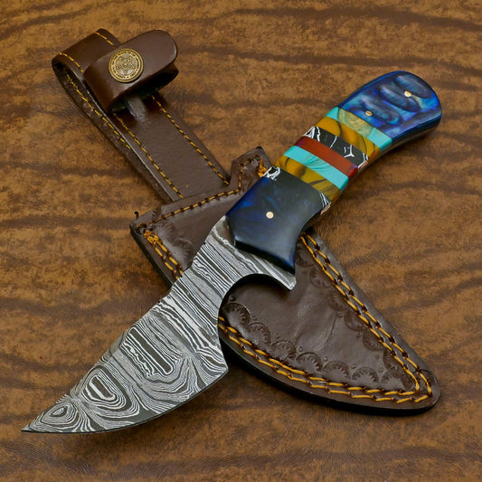 Custom Handmade Damascus Skinner Knife with Resin Wood Handle for Hunting and EDC