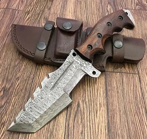 Custom Handmade Damascus Steel 10" Tracker Knife – Walnut Wood Handle, Leather Sheath