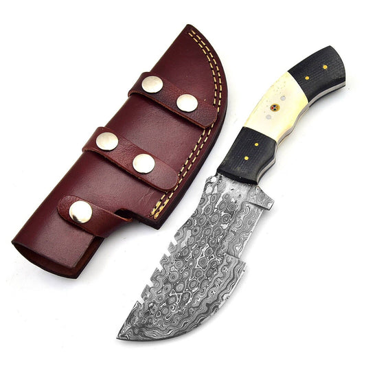 Custom Handmade Damascus Steel 10" Tracker Knife – Wooden Handle, Hand Forged Blade with Sheath