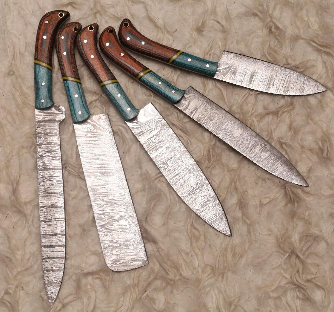 Custom Handmade Damascus Steel 5-Piece Chef Knife Set | Wood Handle 