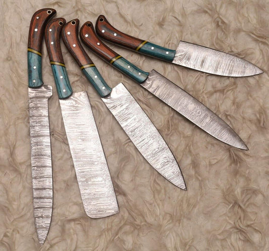 Custom Handmade Damascus Steel 5-Piece Chef Knife Set | Wood Handle 