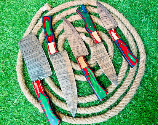 Custom Handmade Damascus Steel 5 Knives Cutlery Chef Knife Set with Bag Kitchen