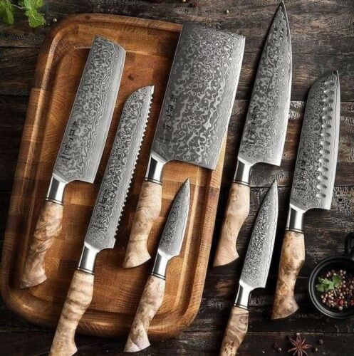 Custom Handmade Damascus Steel 7-Piece Professional Kitchen Chef Knife Set with Leather Bag