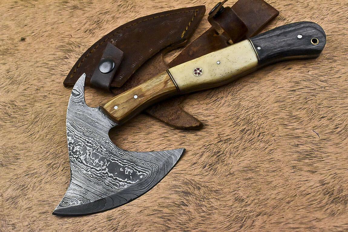 Custom Handmade Damascus Steel Axe Camel Bone Hunting Clever Chopper Knife with Leather Sheath