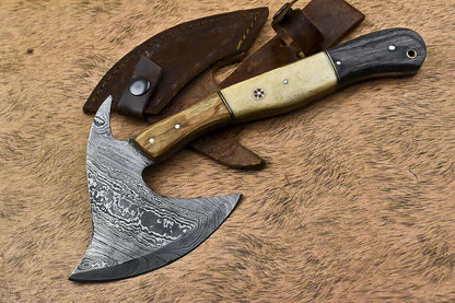 Custom Handmade Damascus Steel Axe Camel Bone Hunting Clever Chopper Knife with Leather Sheath