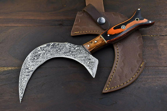 Custom Handmade Damascus Steel Axe Clever Chopper Hunting Knife Hard Wood Handle with Leather Sheath