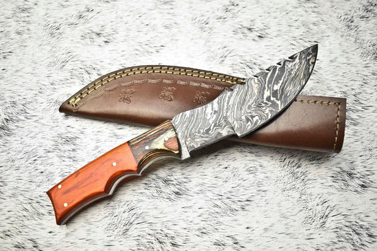 Custom Handmade Damascus Steel Blade Tracker Knife | Hard Wood & Camel Bone
