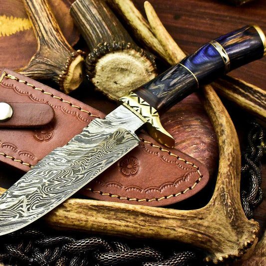 Custom Handmade Damascus Steel Bowie Hunting Knife | Hard Wood Handle