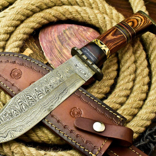 Custom Handmade Damascus Steel Bowie Hunting Knife | Hard Wood Handle, 12.5" Overall