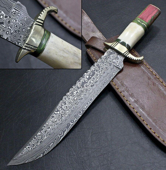 Custom Handmade Damascus Steel Bowie Hunting Knife | Hardwood & Camel Bone Handle
