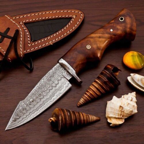 Custom Handmade Damascus Steel Bowie Hunting Knife | Rose Wood Handle | 9" Overall | Leather Sheath