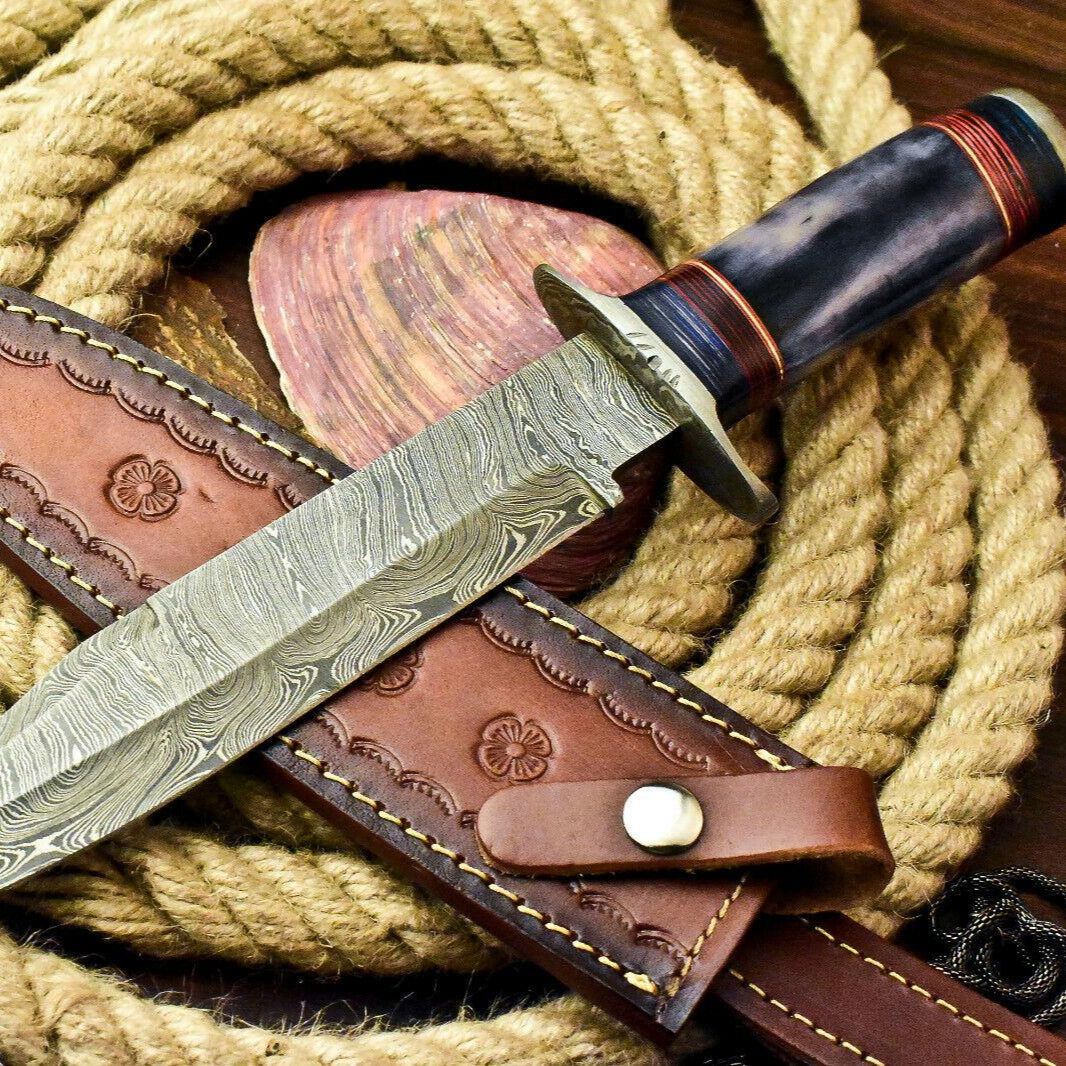 Custom Handmade Damascus Steel Bowie Hunting Knife | Stained Camel Bone Handle