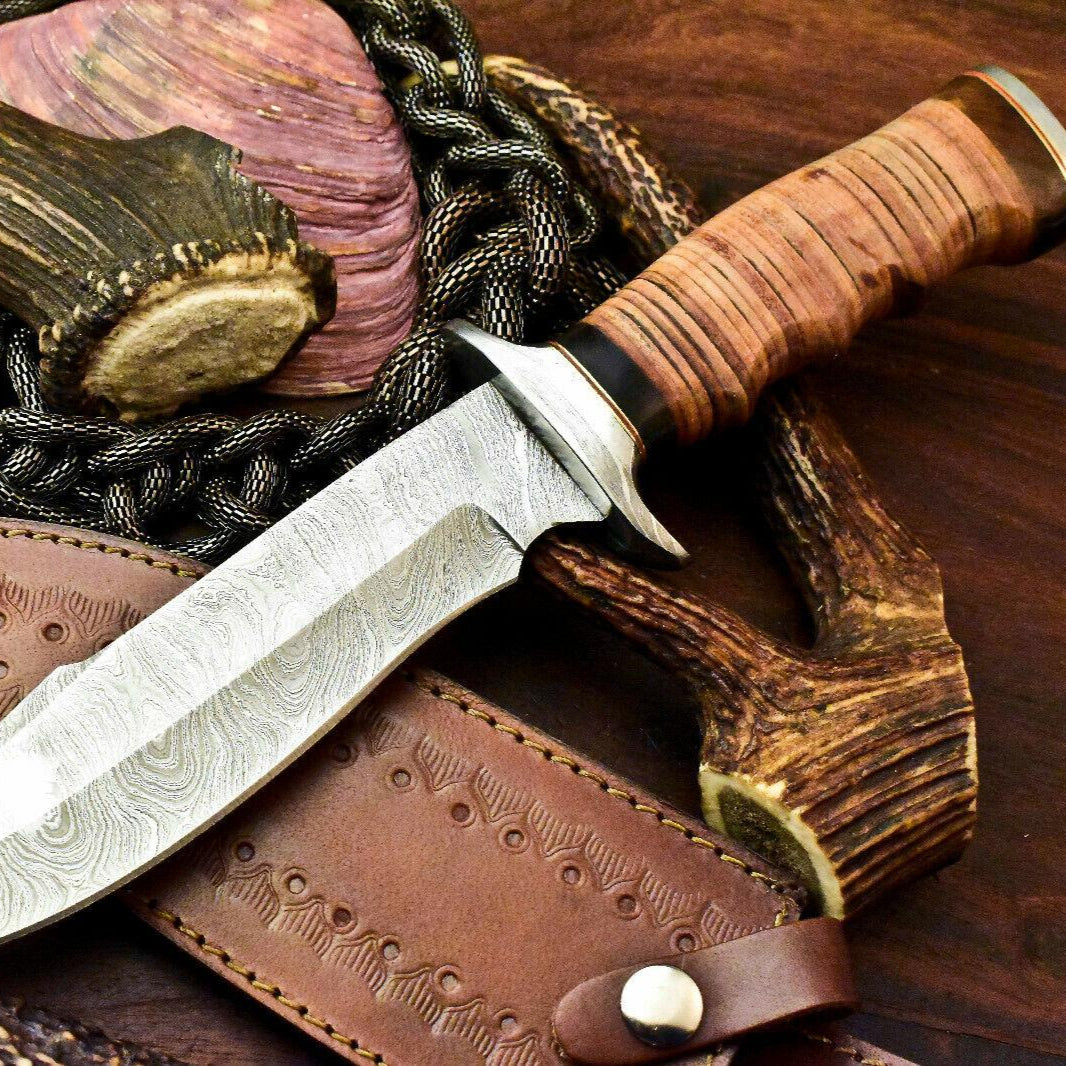 Custom Handmade Damascus Steel Bowie Knife | 12" Stacked Leather Hunting Blade with Sheath