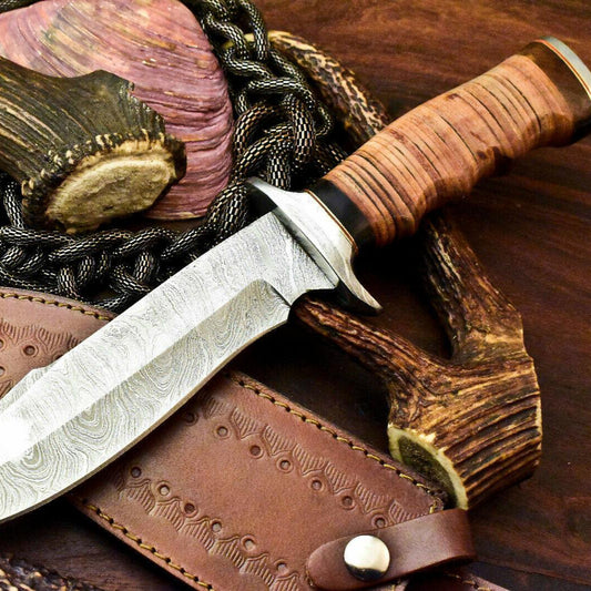 Custom Handmade Damascus Steel Bowie Knife | 12" Stacked Leather Hunting Blade with Sheath