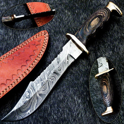 Custom Handmade Damascus Steel Bowie Knife with Hardwood Handle and Brass Bolster
