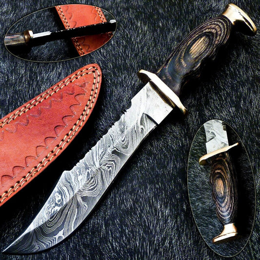 Custom Handmade Damascus Steel Bowie Knife with Hardwood Handle and Brass Bolster