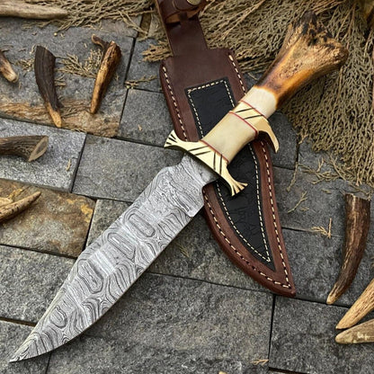 Custom Handmade Damascus Steel Bowie Knife with Olive Wood Handle and Brass Guard
