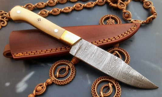 Custom Handmade Damascus Steel Bushcraft Skinner Knife with Camel Bone Handle and Leather Sheath