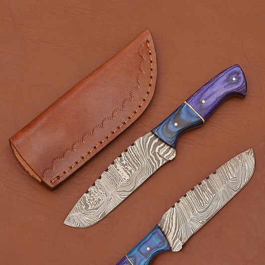 Custom Handmade Damascus Steel Camping Skinner Hunting Knife with Wood Handle