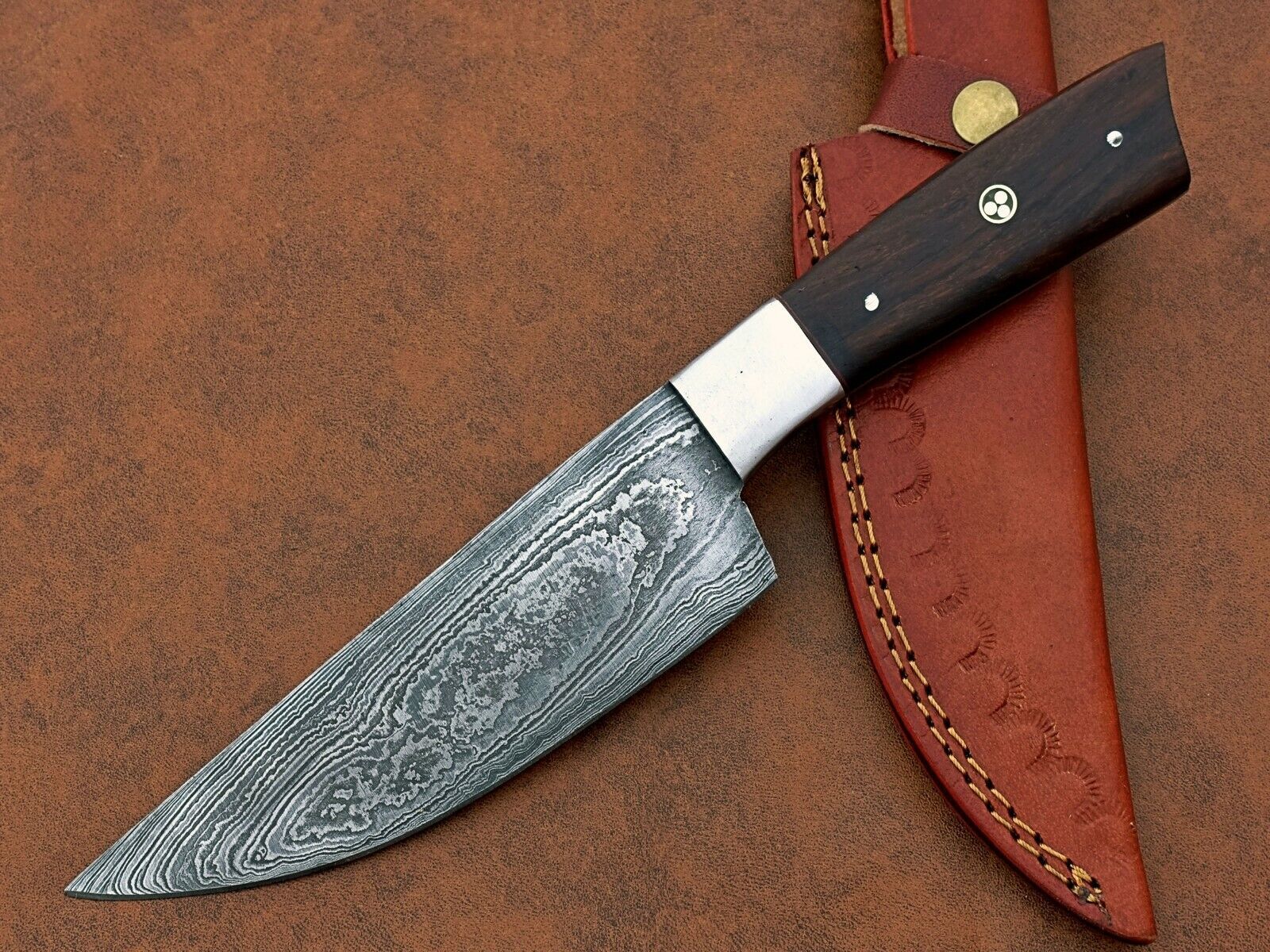 Custom Handmade Damascus Steel Chef BBQ Special Knife – 6" Blade with Natural Wood Handle and Leather Sheath

