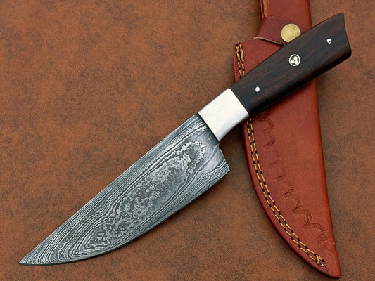 Custom Handmade Damascus Steel Chef BBQ Special Knife – 6" Blade with Natural Wood Handle and Leather Sheath

