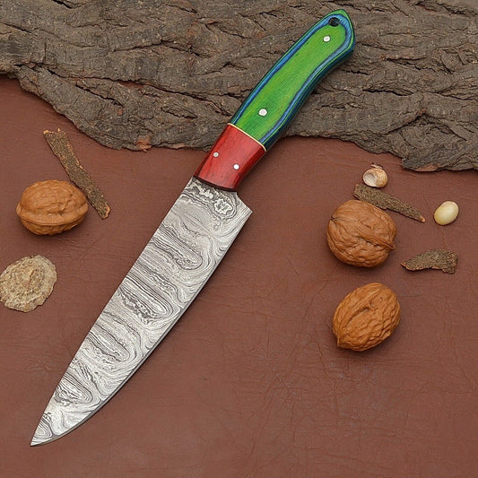  Custom Handmade Damascus Steel Chef Fillet Knife Full Tang with Pakka Wood Handle & Leather Sheath