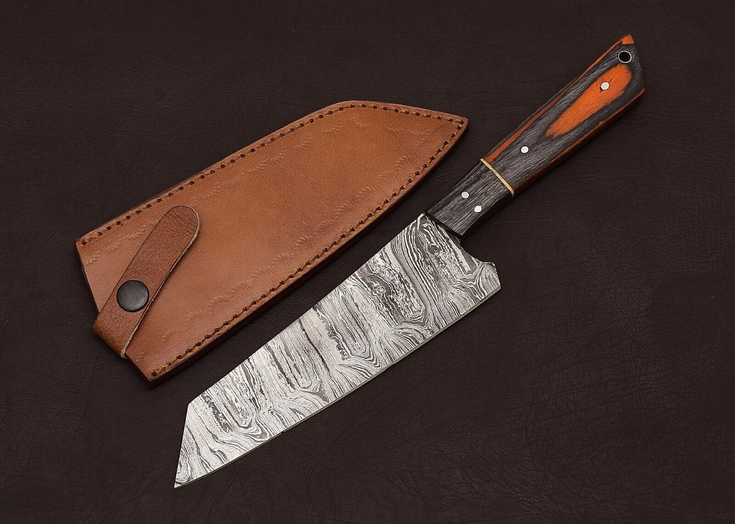 Custom Handmade Damascus Steel Chef & Hunting Knife 8" Blade Pakka Wood Handle