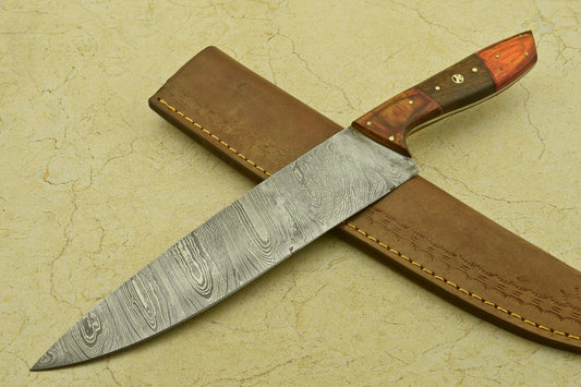 Custom Handmade Damascus Steel Chef Kitchen Knife with Wood Handle