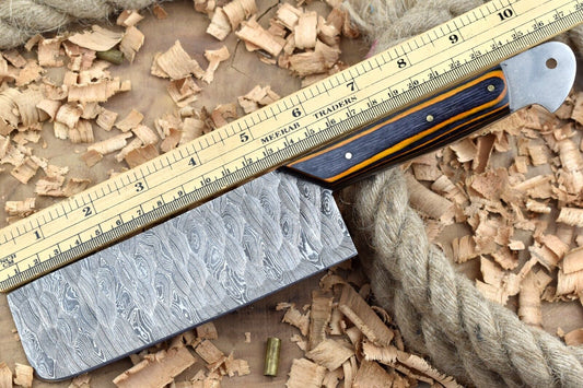 Custom Handmade Damascus Steel Chef Knife – 11" Kitchen Knife with 5" Blade & Black/Orange Dollar Thappa Sturl Open Tang Handle

