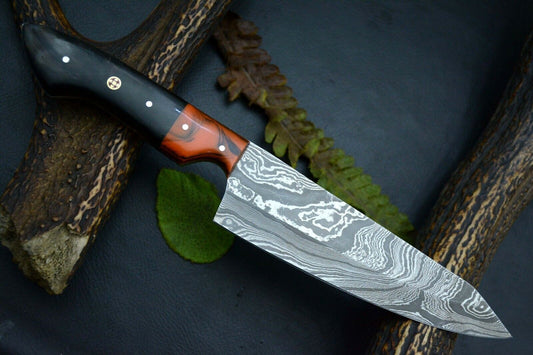 Custom Handmade Damascus Steel Chef Knife – 11" Kitchen Knife with 6.2" Ladder Pattern Blade & Resin Horn Handle