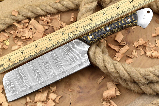 Custom Handmade Damascus Steel Chef Knife – 11" Kitchen Knife with 6" Blade & Black/Yellow Dollar Cleaver Sturl Open Tang Handle

