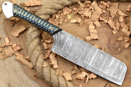 Custom Handmade Damascus Steel Chef Knife – 11" Kitchen Knife with 6" Blade & White/Blue Dollar Cleaver Sturl Open Tang Handle