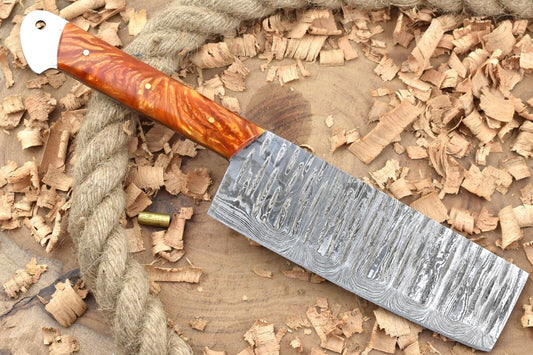 Custom Handmade Damascus Steel Chef Knife – 11" Kitchen Knife with 6" Sharp Blade & Orange Resin Handle

