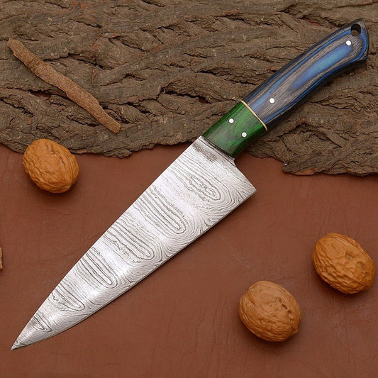 Custom Handmade Damascus Steel Chef Knife – 12" Kitchen Knife with Wood Handle & Leather Sheath