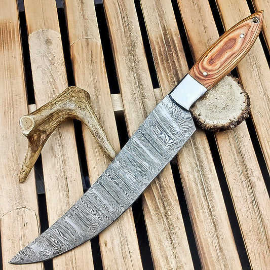 Custom Handmade Damascus Steel Chef Knife – 13" Fixed Blade with Natural Wood Handle