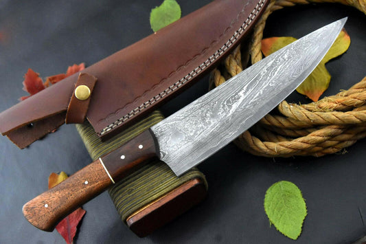 Custom Handmade Damascus Steel Chef Knife | 14.1" Overall, 8.8" Blade, Walnut Handle, Full Tang