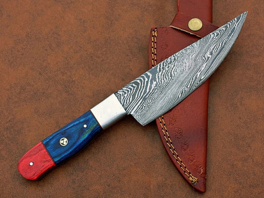 Custom Handmade Damascus Steel Chef Knife – BBQ Special Knife with Natural Wood Handle and Leather Sheath