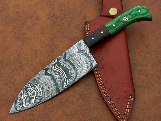Custom Handmade Damascus Steel Chef Knife – BBQ Special Multi-Use Knife – 11” with Wood Handle & Leather Sheath 