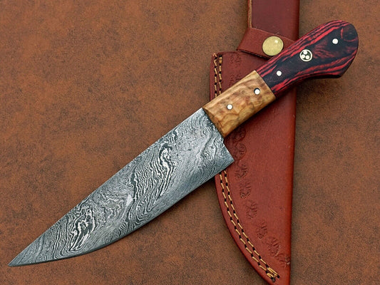 Custom Handmade Damascus Steel Chef Knife – BBQ Special with Natural Wood Handle & Leather Sheath