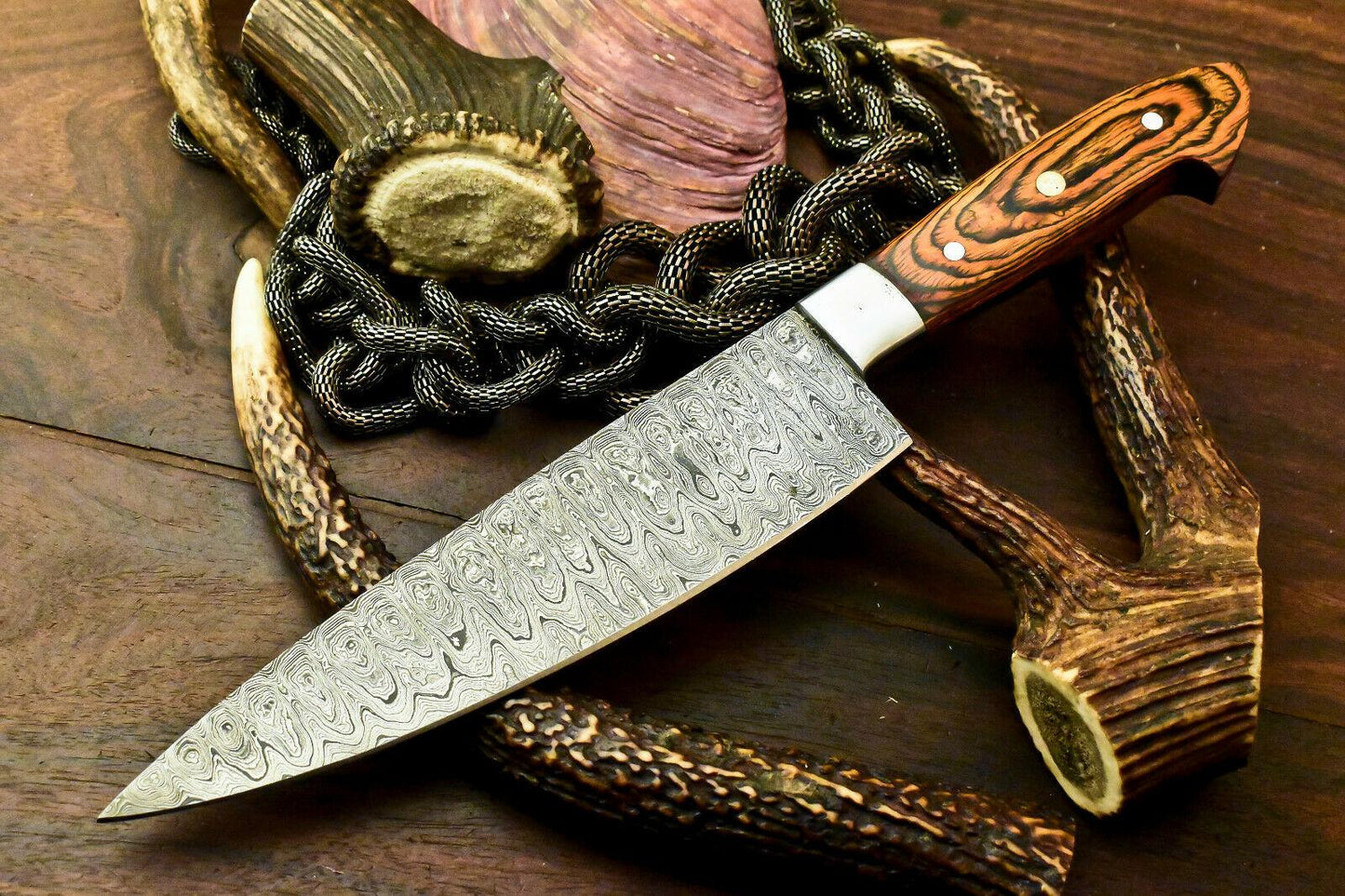 Custom Handmade Damascus Steel Chef Knife – Full Tang, Hard Wood Handle, 12"