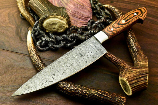 Custom Handmade Damascus Steel Chef Knife – Full Tang, Hard Wood Handle, 12"