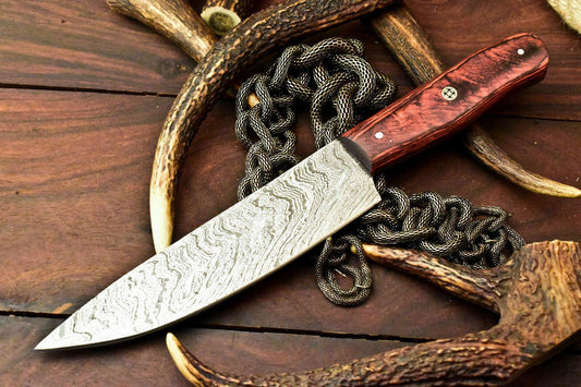 Custom Handmade Damascus Steel Chef Knife – Full Tang with Hardwood Handle