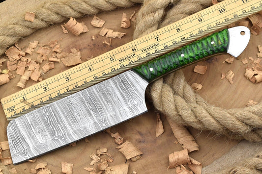Custom Handmade Damascus Steel Chef Knife – Green Cleaver with Sturl Open Tang Handle