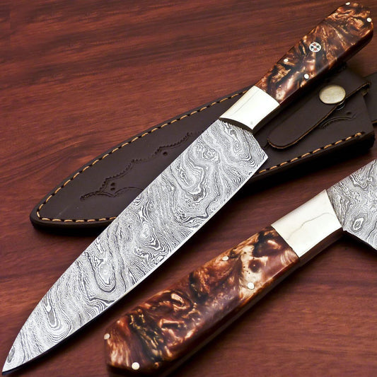 Custom Handmade Damascus Steel Chef Knife + Leather Sheath 