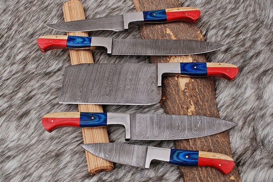 Custom Handmade Damascus Steel Chef Knife Set – 5-Piece Kitchen Collection with American Flag Color Handles and Leather Sheath